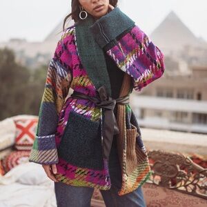 Dreams in wool jacket - Colorful Patchwork Belted Cardigan